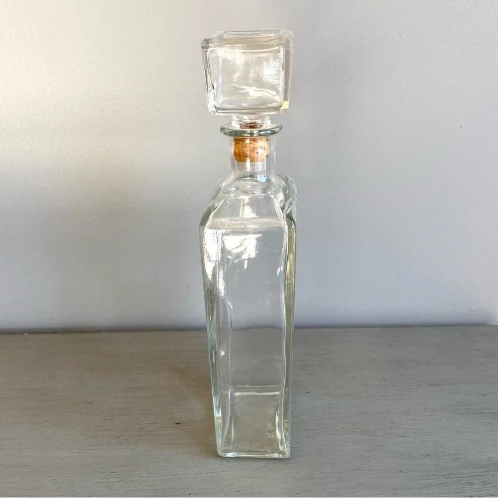 VTG 60s Heavy Clear Glass Liquor Bottle Decanter Vase Decor w/ Cork Stopper 11